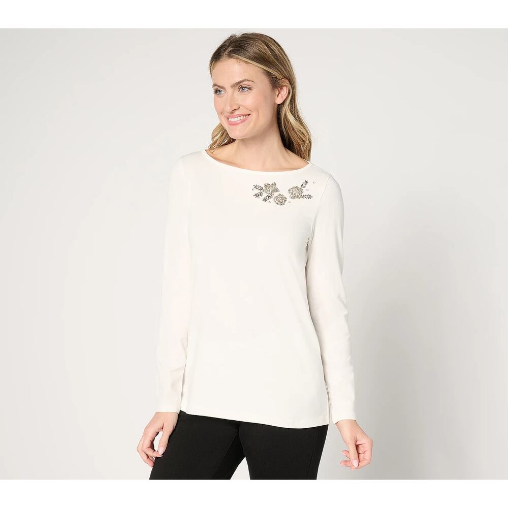 BEAUTIFUL by Lawrence Zarian Embellished Long-Sleeve Knit Top Size 4X Ivory